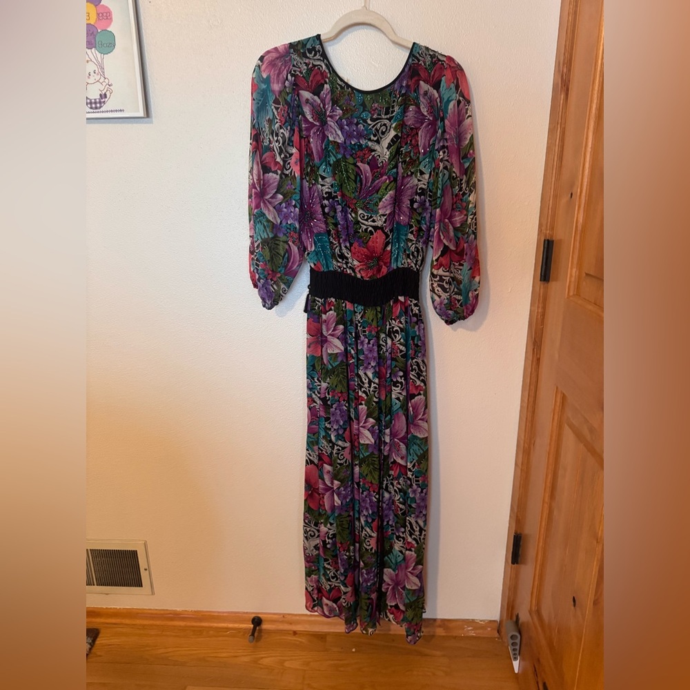 Vintage Gorgeous Beaded Silk Diane Freis Floral Long Sleeve Midi Dress